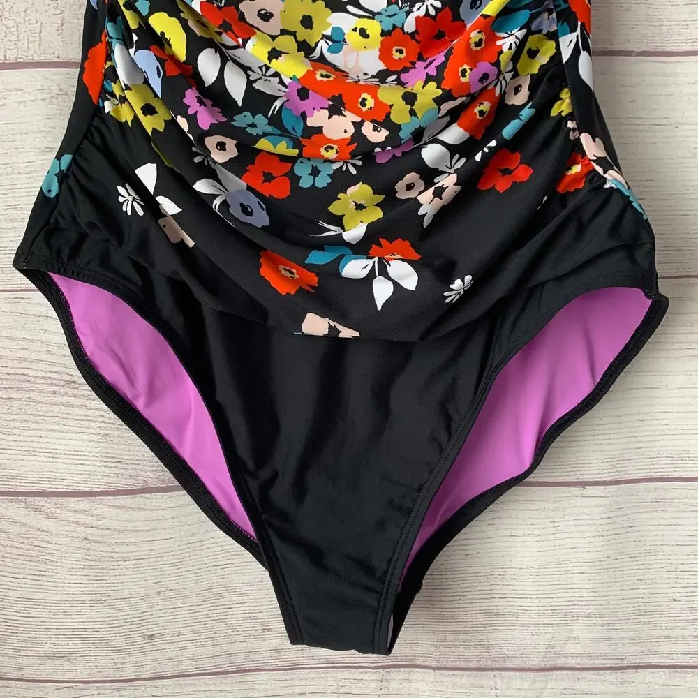Anne Cole Black Colorful Floral Swimsuit Attachable Halter Strap Size 10